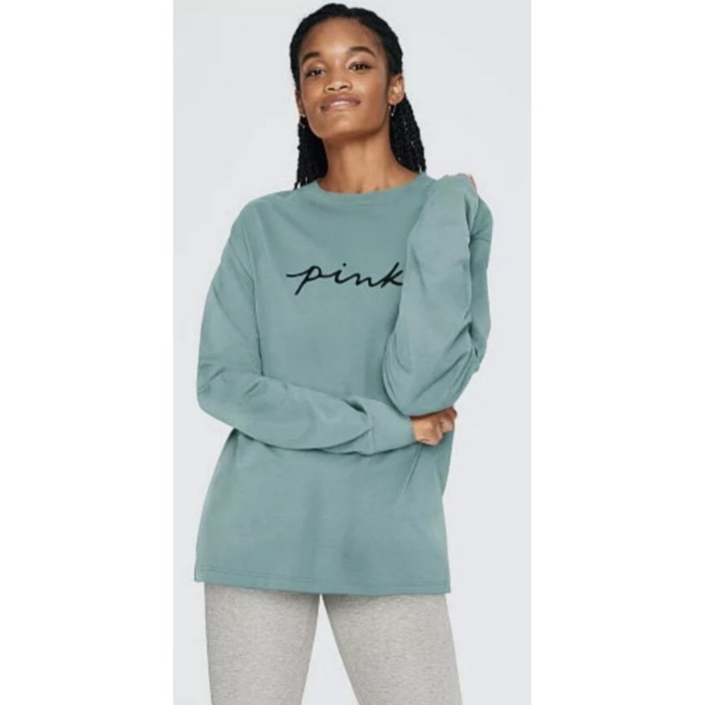 PINK Logo Long Sleeve Green Tee